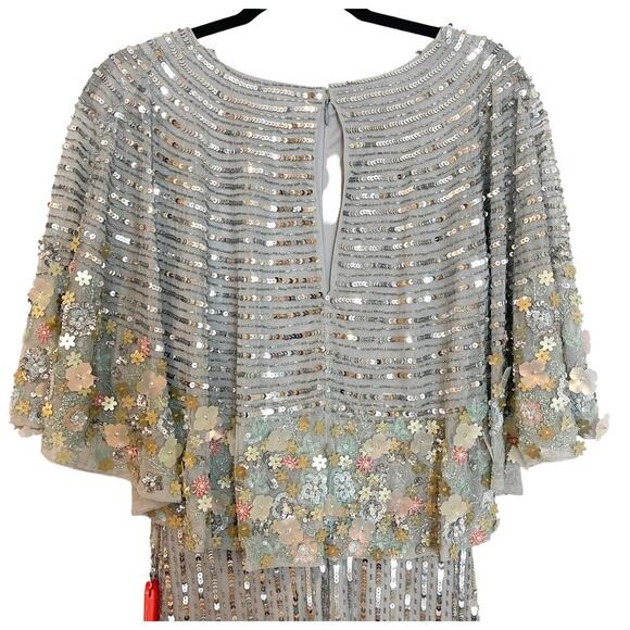 Mac Duggal 5221 Sequins Floral Embellished Cape Sleeves Platinum Gown 12 NWT - Picture 9 of 11